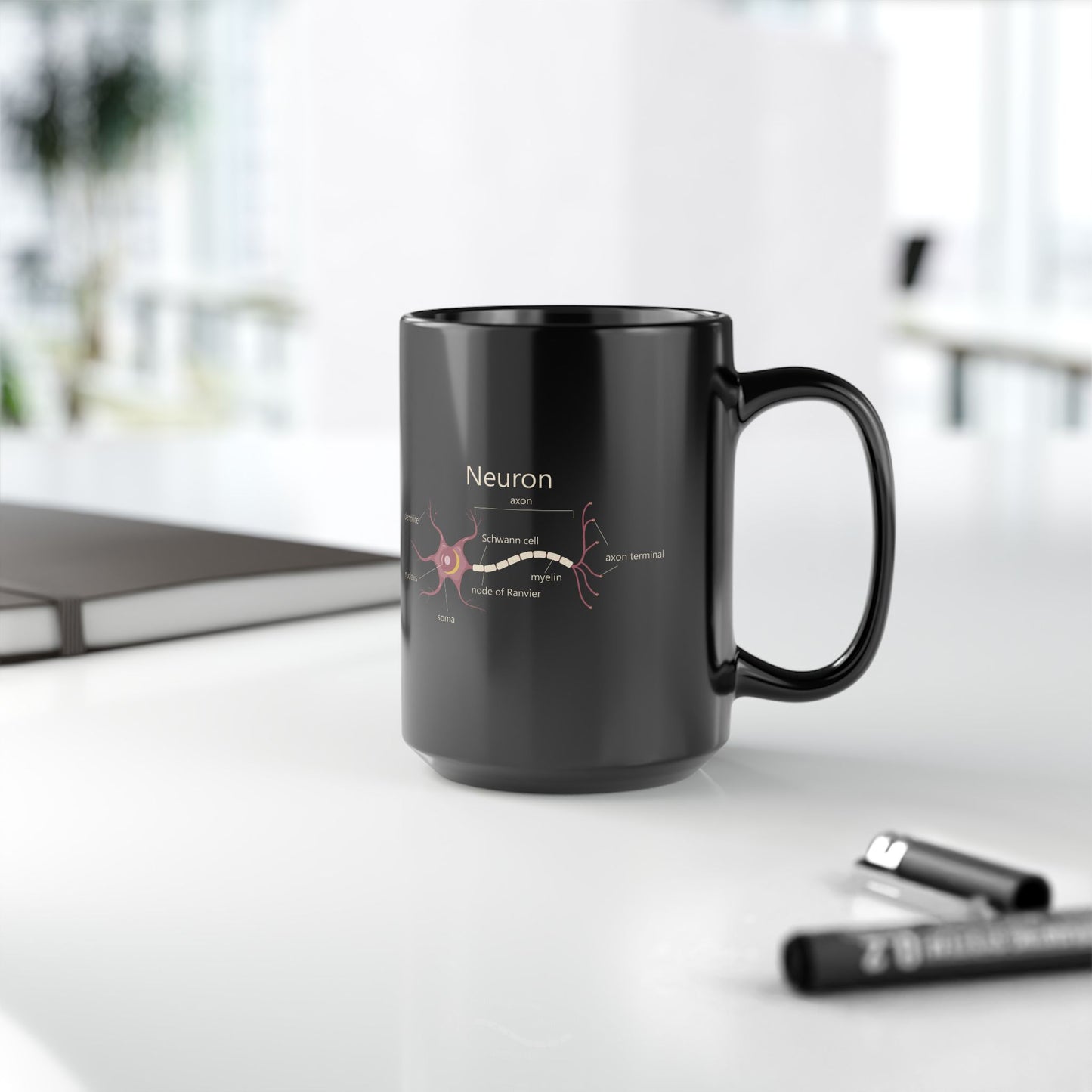 Neuron Anatomy Black Ceramic Mug (11oz, 15oz) - Nerve Cell, Axon & Myelin Sheath Mauve Diagram - Perfect for Neurologists, Doctors, Nurses, Medical Professionals