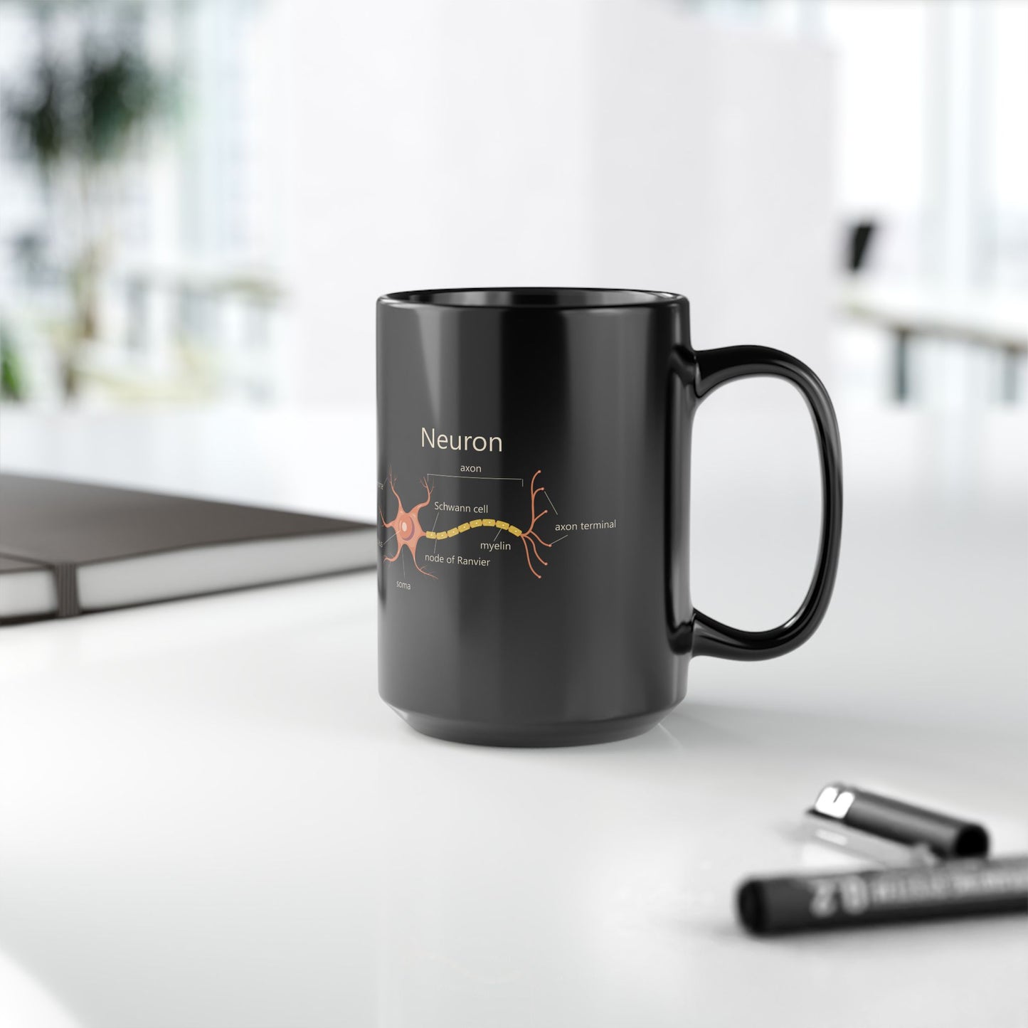 Neuron Anatomy Black Ceramic Mug (11oz, 15oz) - Nerve Cell, Axon & Myelin Orange Graphic - Perfect for Neurologists, Doctors, Nurses, Medical Professionals