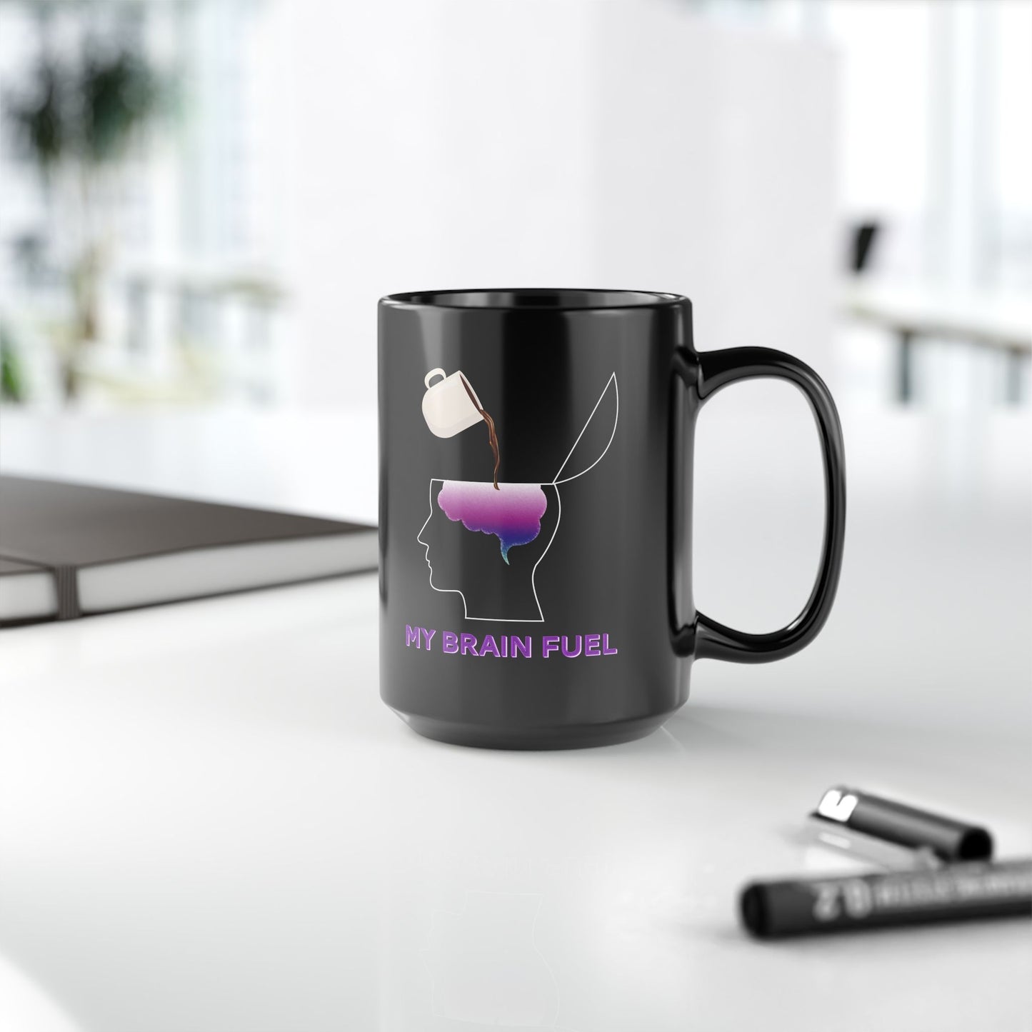 Coffee Brain Fuel Mug - Funny Coffee Pouring Into Brain Design - Wellness & Mental Health Humor Gift - Black Ceramic Coffee Cup (11oz, 15oz)