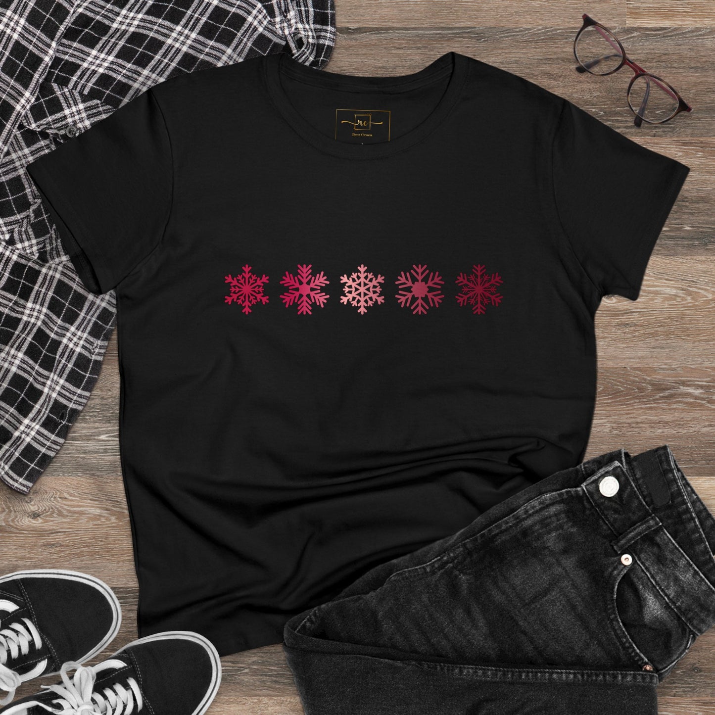 Red Snowflakes Women's Mid-weight Cotton Tee - Graphic Holiday Top Available In Multiple Colors