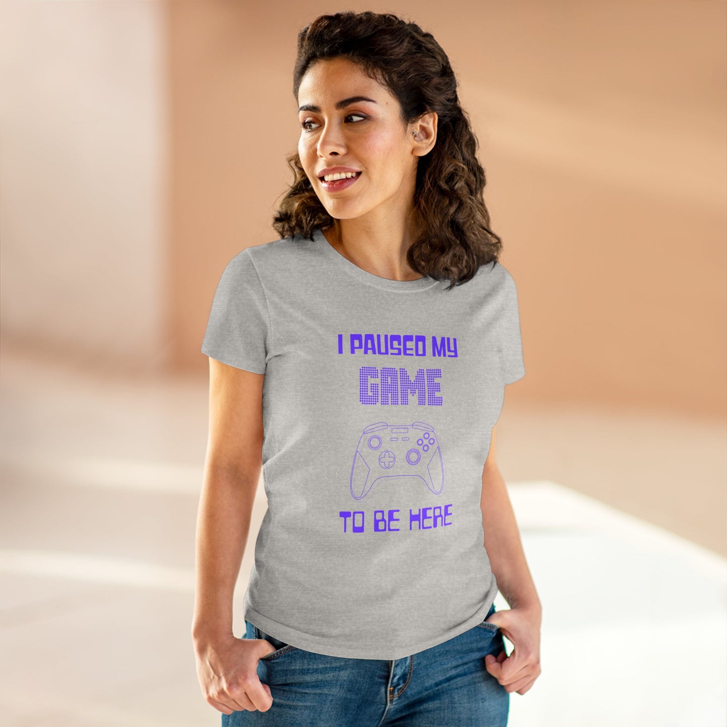 Gamer I Paused My Game Women's Mid-weight Cotton Tee - Humor Joke (Purple Controller)