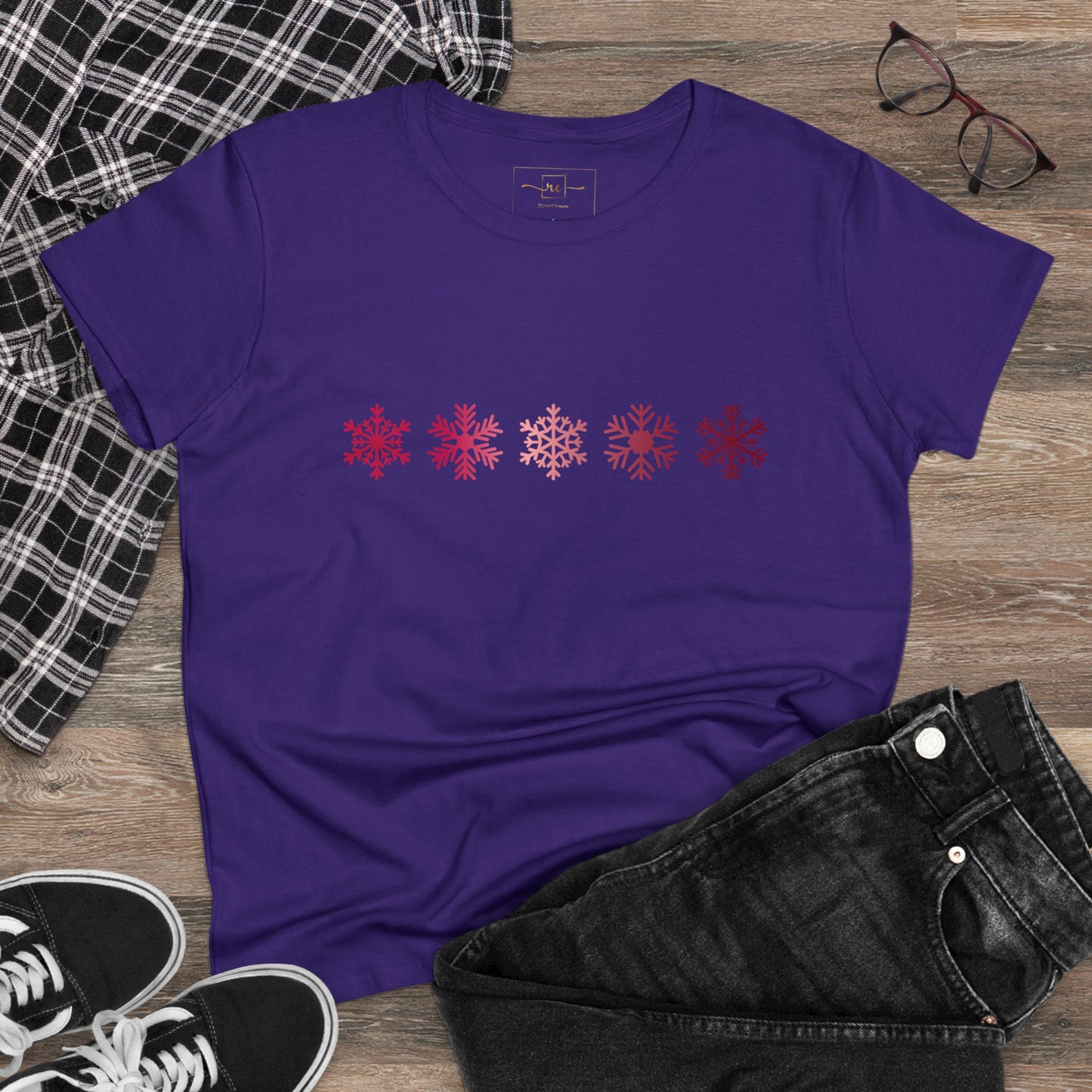 Red Snowflakes Women's Mid-weight Cotton Tee - Graphic Holiday Top Available In Multiple Colors