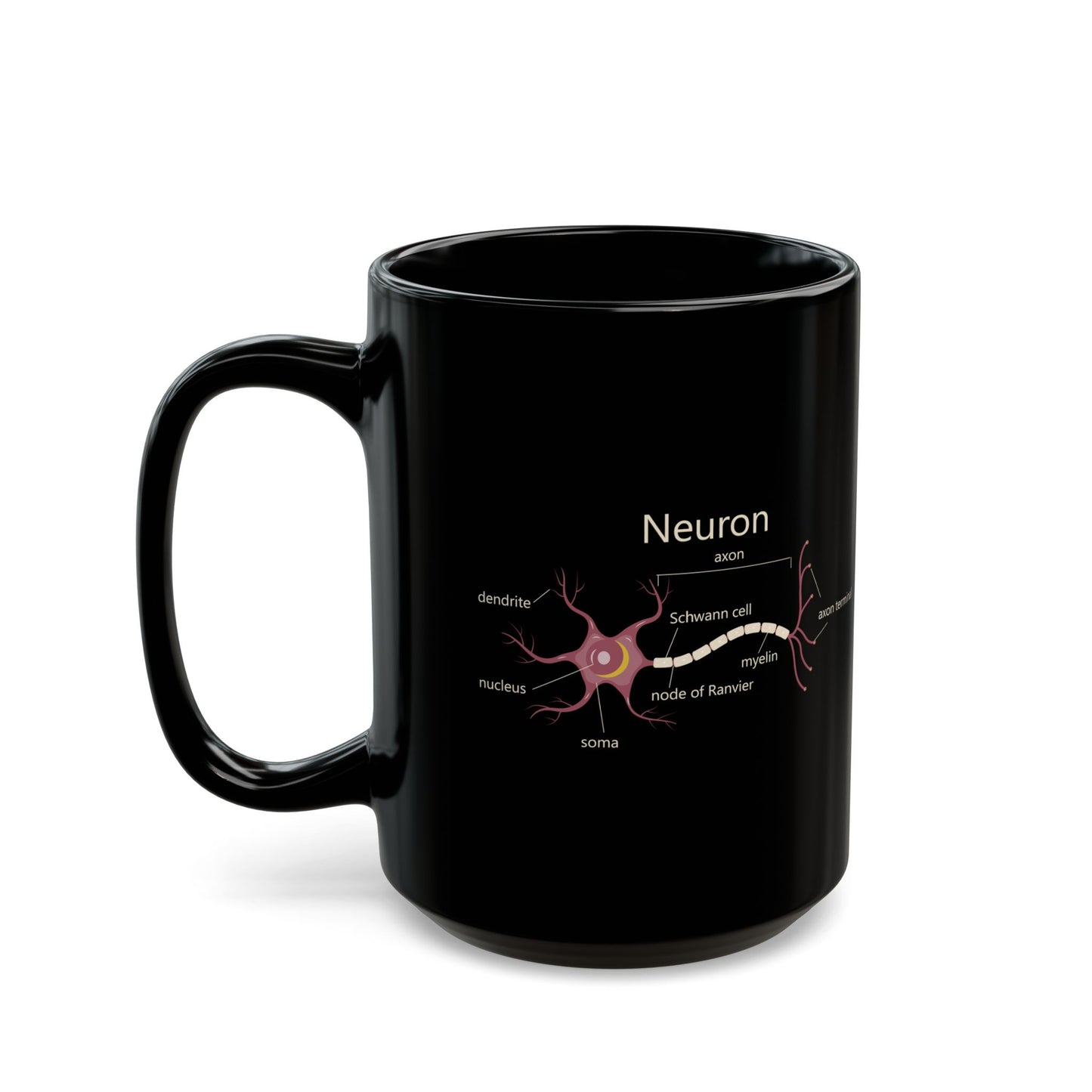 Neuron Anatomy Black Ceramic Mug (11oz, 15oz) - Nerve Cell, Axon & Myelin Sheath Mauve Diagram - Perfect for Neurologists, Doctors, Nurses, Medical Professionals