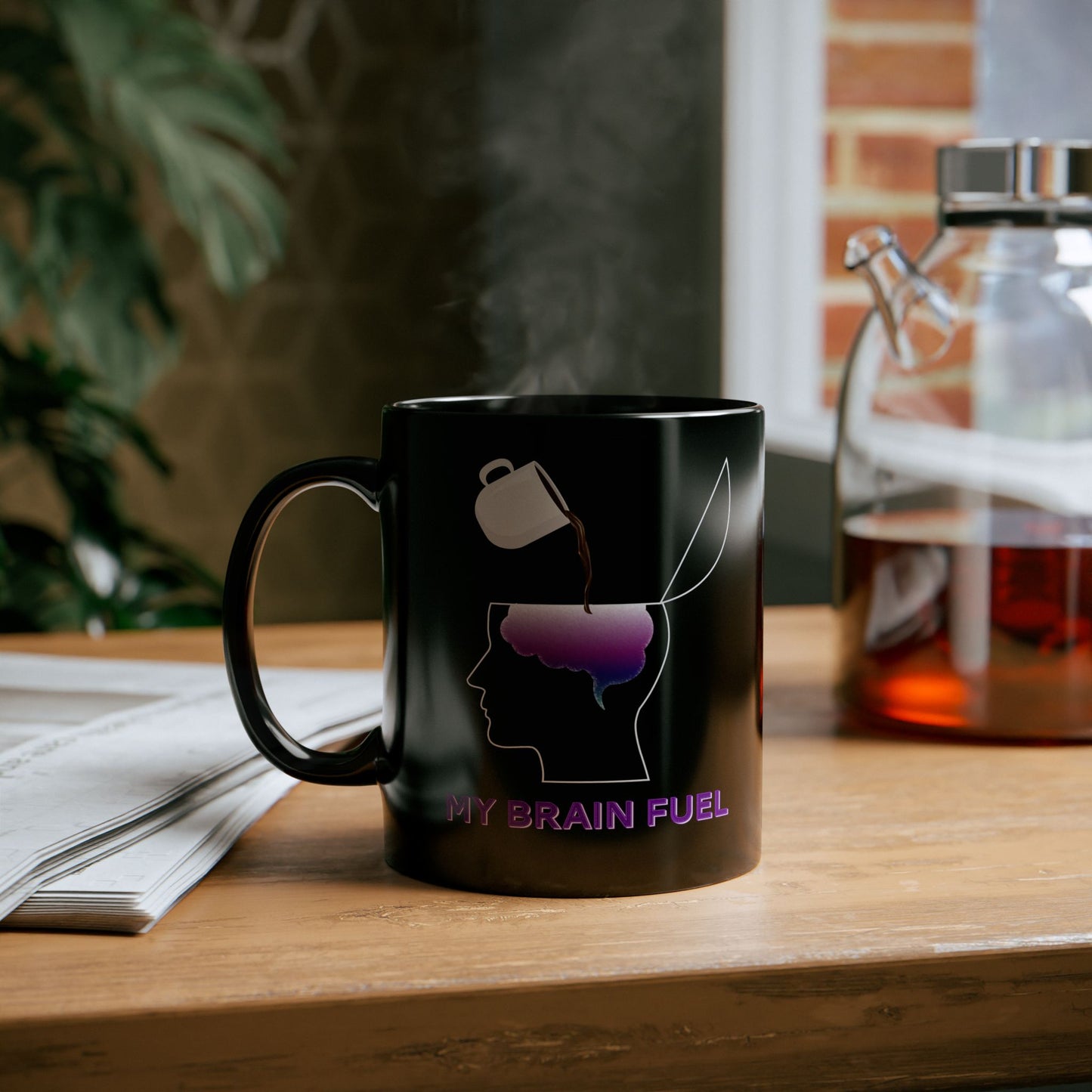Coffee Brain Fuel Mug - Funny Coffee Pouring Into Brain Design - Wellness & Mental Health Humor Gift - Black Ceramic Coffee Cup (11oz, 15oz)