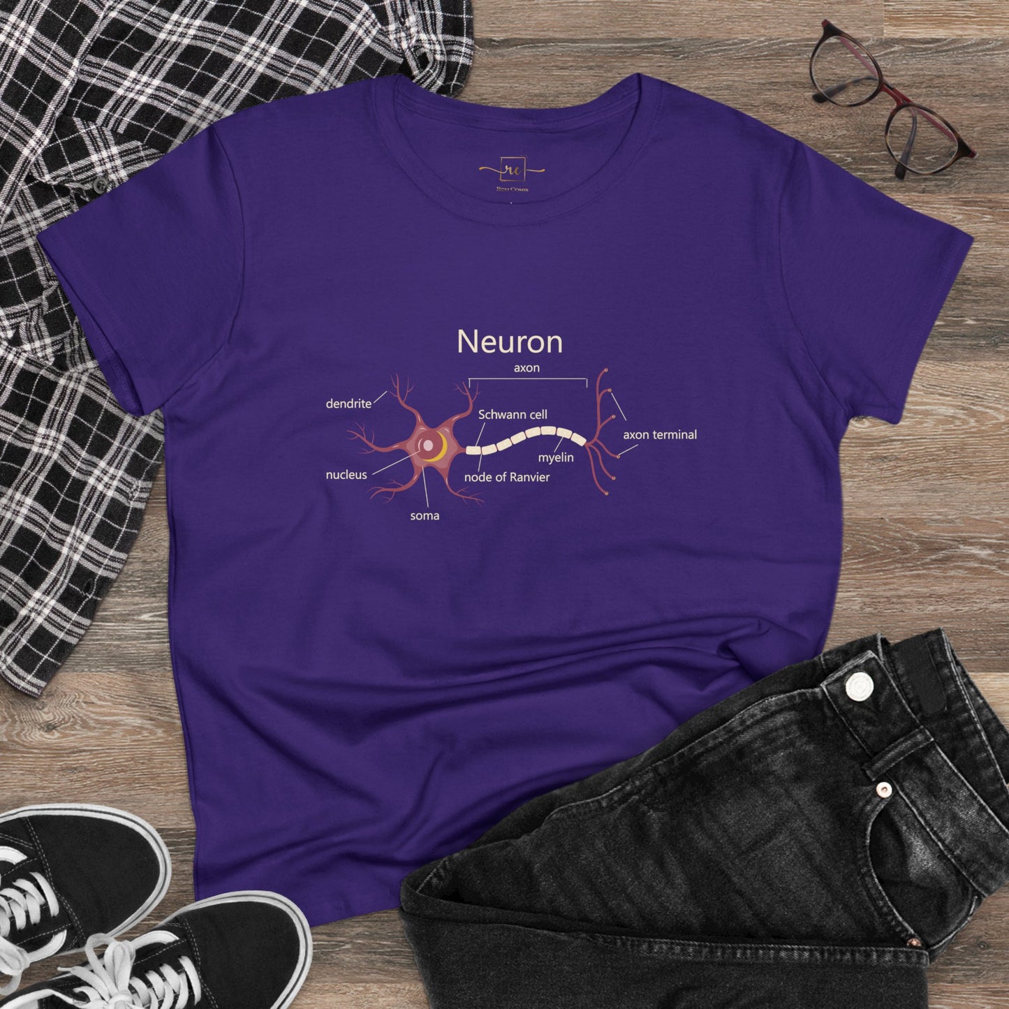 Neuron Anatomy Women's Mid-weight Cotton T-Shirt - Mauve Medical Graphic Tee Featuring Nerve Cell, Axon & Myelin - Perfect for Healthcare Professionals, Doctors, Nurses, and Medical Students