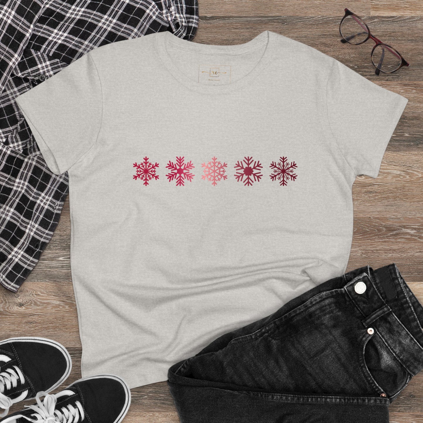 Red Snowflakes Women's Mid-weight Cotton Tee - Graphic Holiday Top Available In Multiple Colors