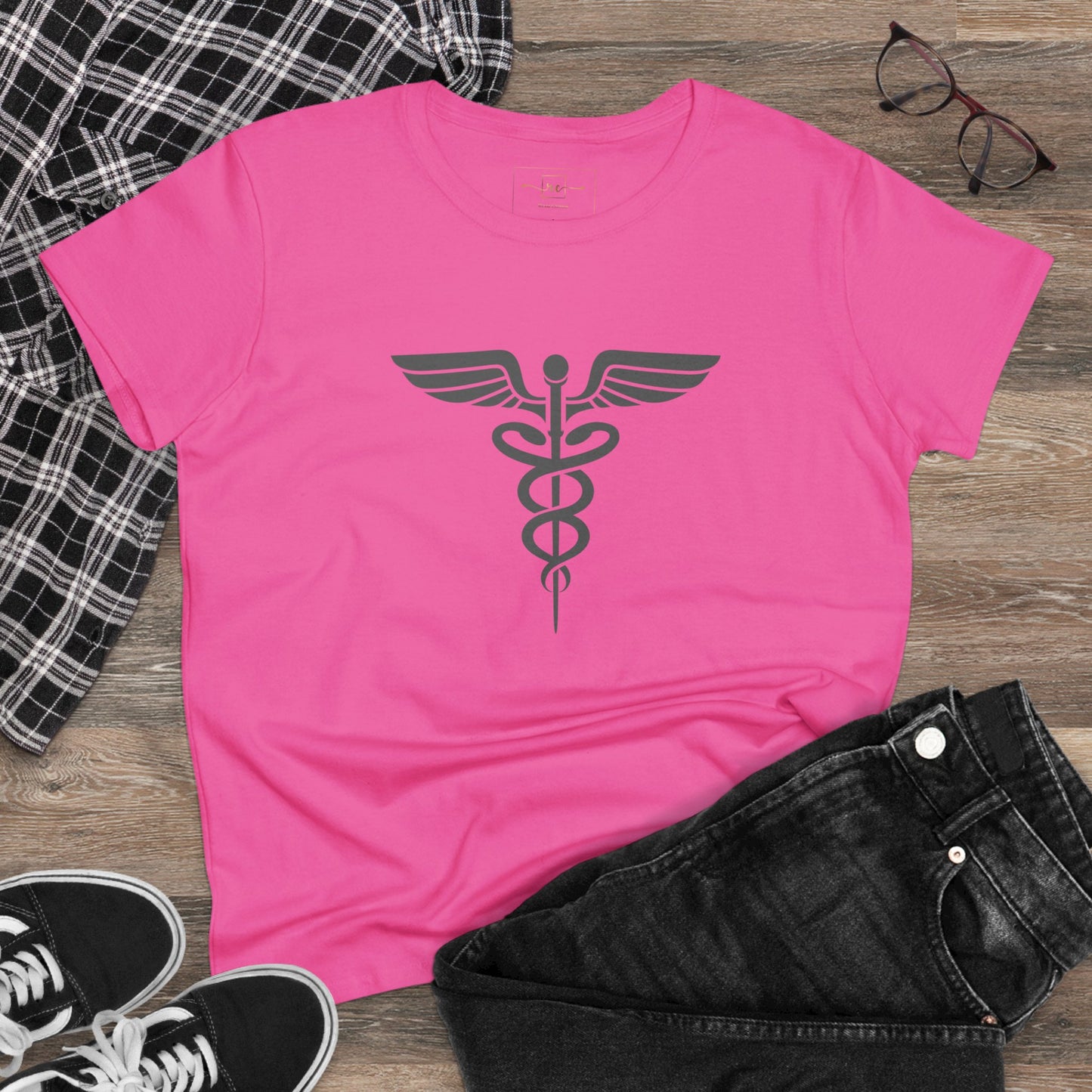 Caduceus Gray Symbol Women's Midweight Cotton Tee - Medical