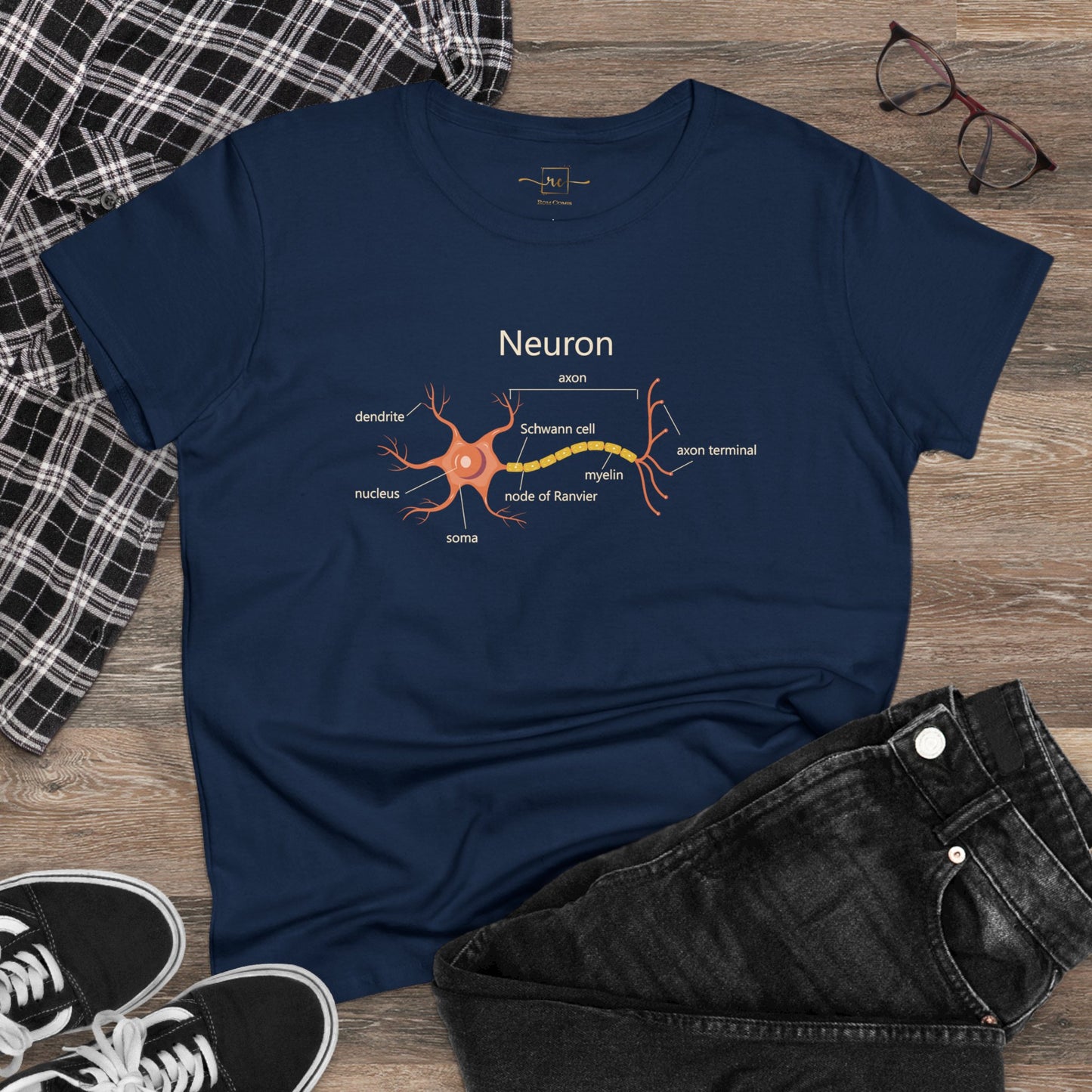 Neuron Anatomy Women's Mid-weight Cotton T-Shirt - Orange Medical Graphic Tee Featuring Nerve Cell, Axon & Myelin - Perfect for Doctors, Nurses, and Medical Students