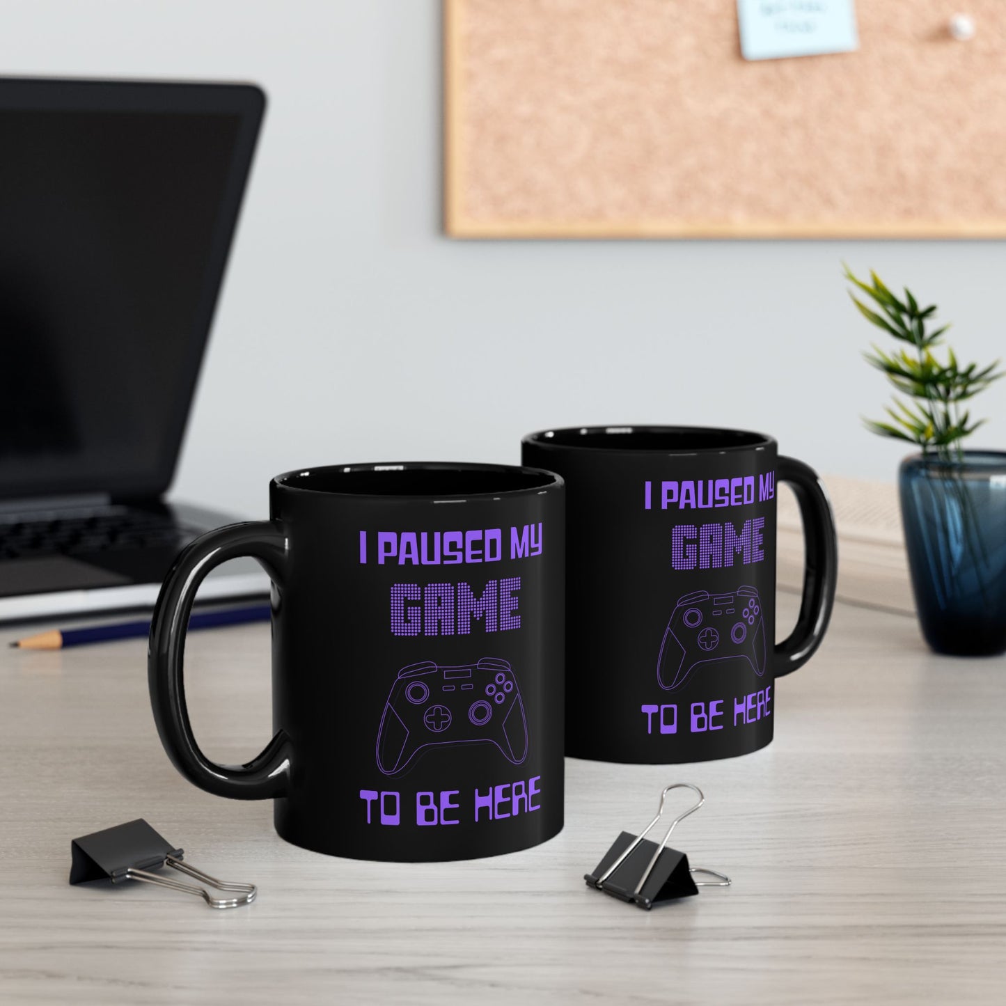 Funny Gamer Mug - "I Paused My Game to Be Here" Black Ceramic Mug (11oz, 15oz) with Purple Game Controller Design