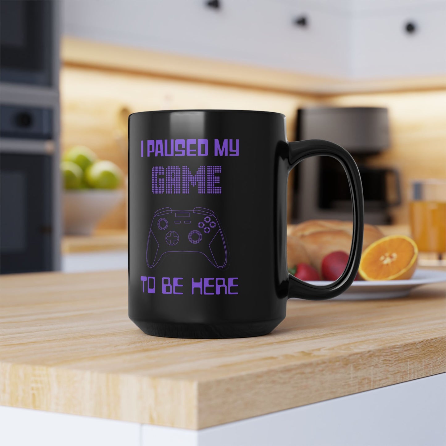Funny Gamer Mug - "I Paused My Game to Be Here" Black Ceramic Mug (11oz, 15oz) with Purple Game Controller Design