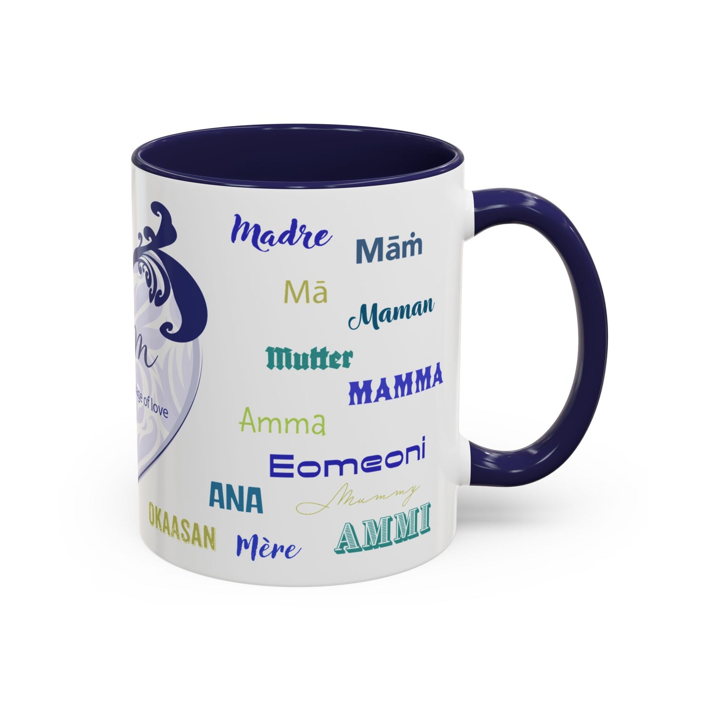 Mom Purple Elegant Heart Mug - “Mom” in Different Languages - Universal Language of Love - Gift for Moms, New Moms, Mother's Day, Birthday, Valentine’s Day - Modern & Stylish Ceramic Mug with Color Inside (11oz, 15oz)