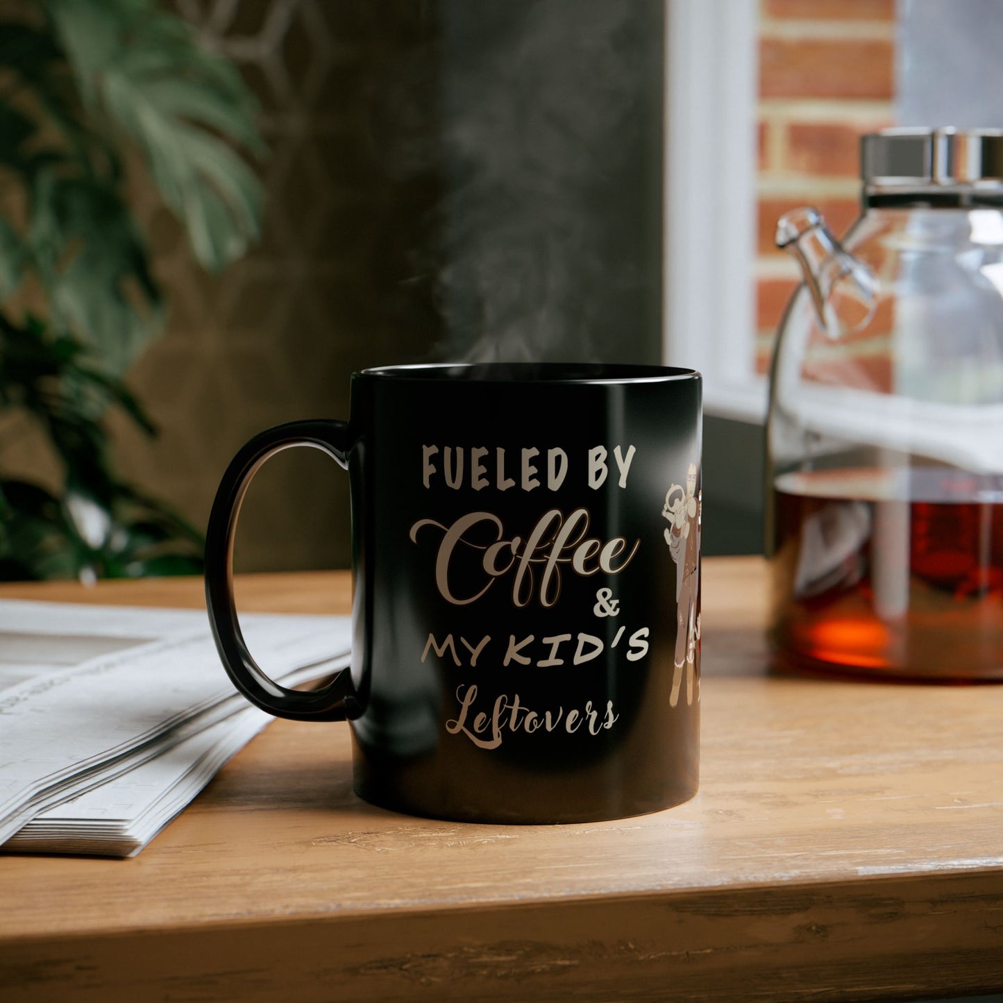 Funny Mom Life Coffee Mug - Fueled by Coffee & Kids Leftovers - Humorous Gift for Mothers, Parents (Black, 11oz & 15oz)