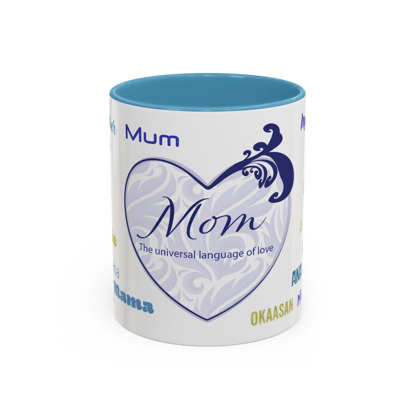Mom Purple Elegant Heart Mug - “Mom” in Different Languages - Universal Language of Love - Gift for Moms, New Moms, Mother's Day, Birthday, Valentine’s Day - Modern & Stylish Ceramic Mug with Color Inside (11oz, 15oz)