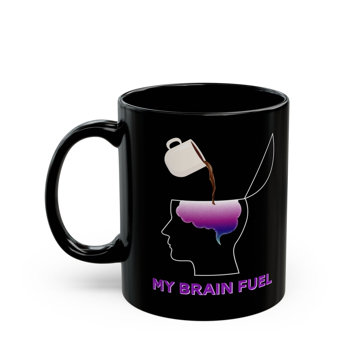 Coffee Brain Fuel Mug - Funny Coffee Pouring Into Brain Design - Wellness & Mental Health Humor Gift - Black Ceramic Coffee Cup (11oz, 15oz)
