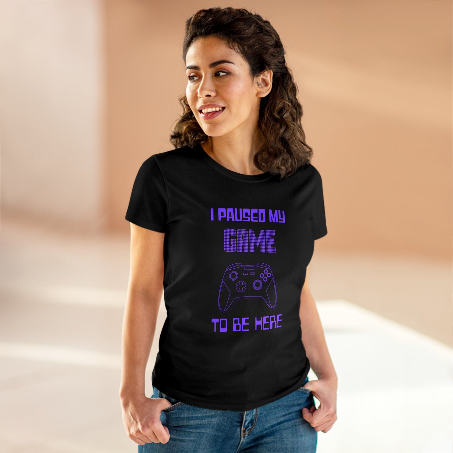 Gamer I Paused My Game Women's Mid-weight Cotton Tee - Humor Joke (Purple Controller)