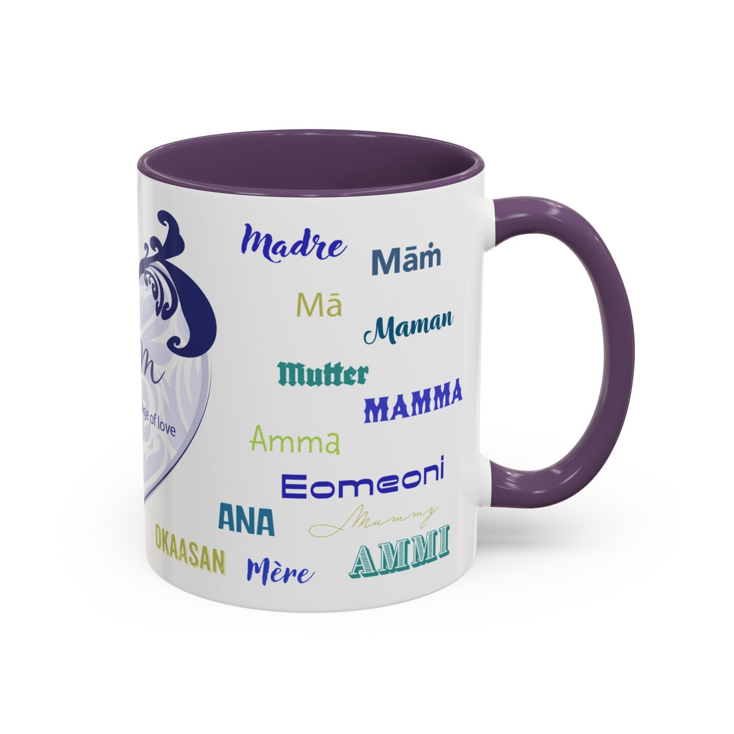 Mom Purple Elegant Heart Mug - “Mom” in Different Languages - Universal Language of Love - Gift for Moms, New Moms, Mother's Day, Birthday, Valentine’s Day - Modern & Stylish Ceramic Mug with Color Inside (11oz, 15oz)