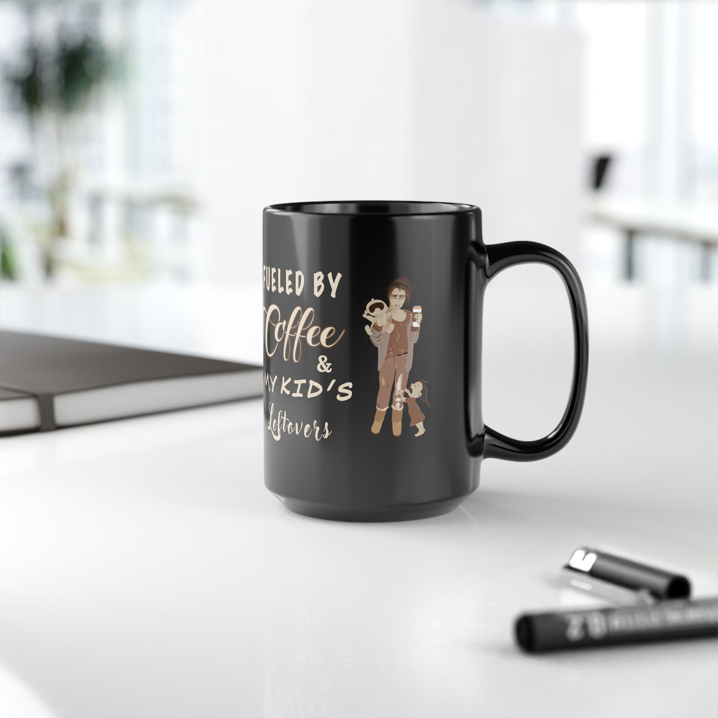 Funny Mom Life Coffee Mug - Fueled by Coffee & Kids Leftovers - Humorous Gift for Mothers, Parents (Black, 11oz & 15oz)