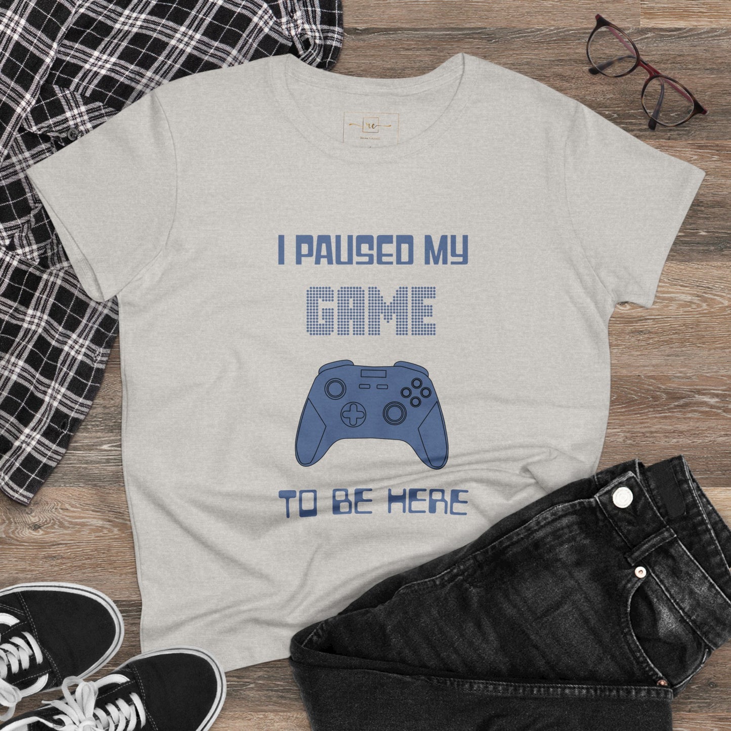 Gamer I Paused My Game Women's Mid-weight Cotton Tee - Humor Joke (Blue Controller)