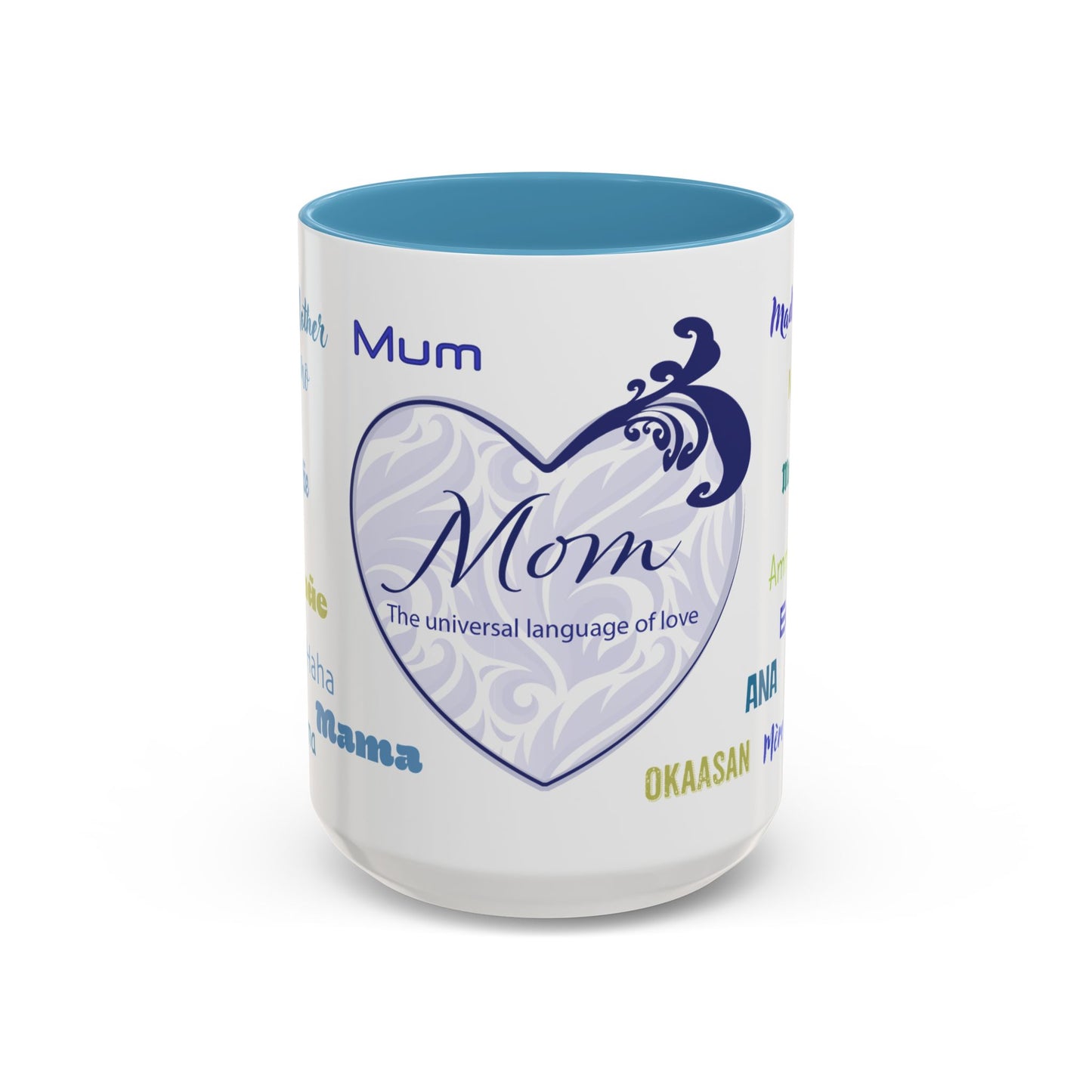Mom Purple Elegant Heart Mug - “Mom” in Different Languages - Universal Language of Love - Gift for Moms, New Moms, Mother's Day, Birthday, Valentine’s Day - Modern & Stylish Ceramic Mug with Color Inside (11oz, 15oz)