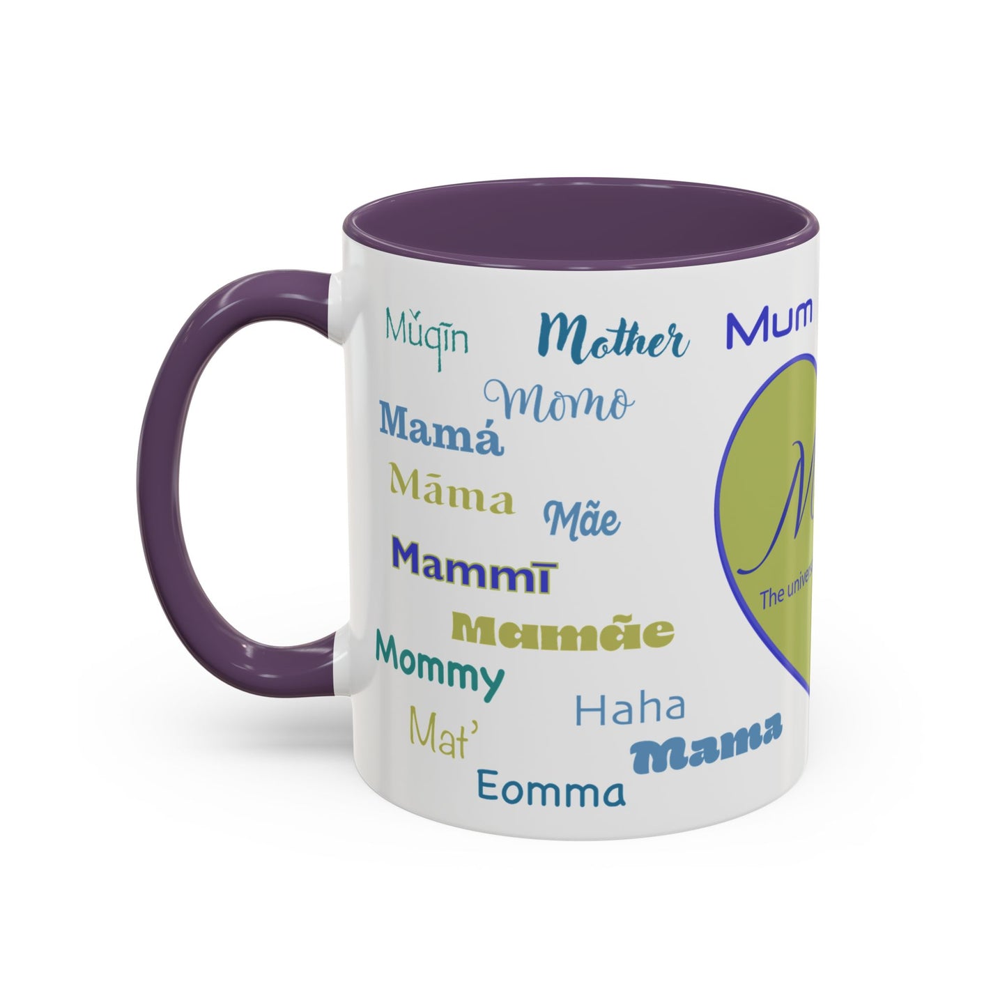 Mom Green Heart Mug - “Mom” in Different Languages - Universal Language of Love - Gift for Moms, New Moms, Mother's Day, Birthday, Valentine’s Day - Modern & Stylish Ceramic Mug with Color Inside (11oz, 15oz)
