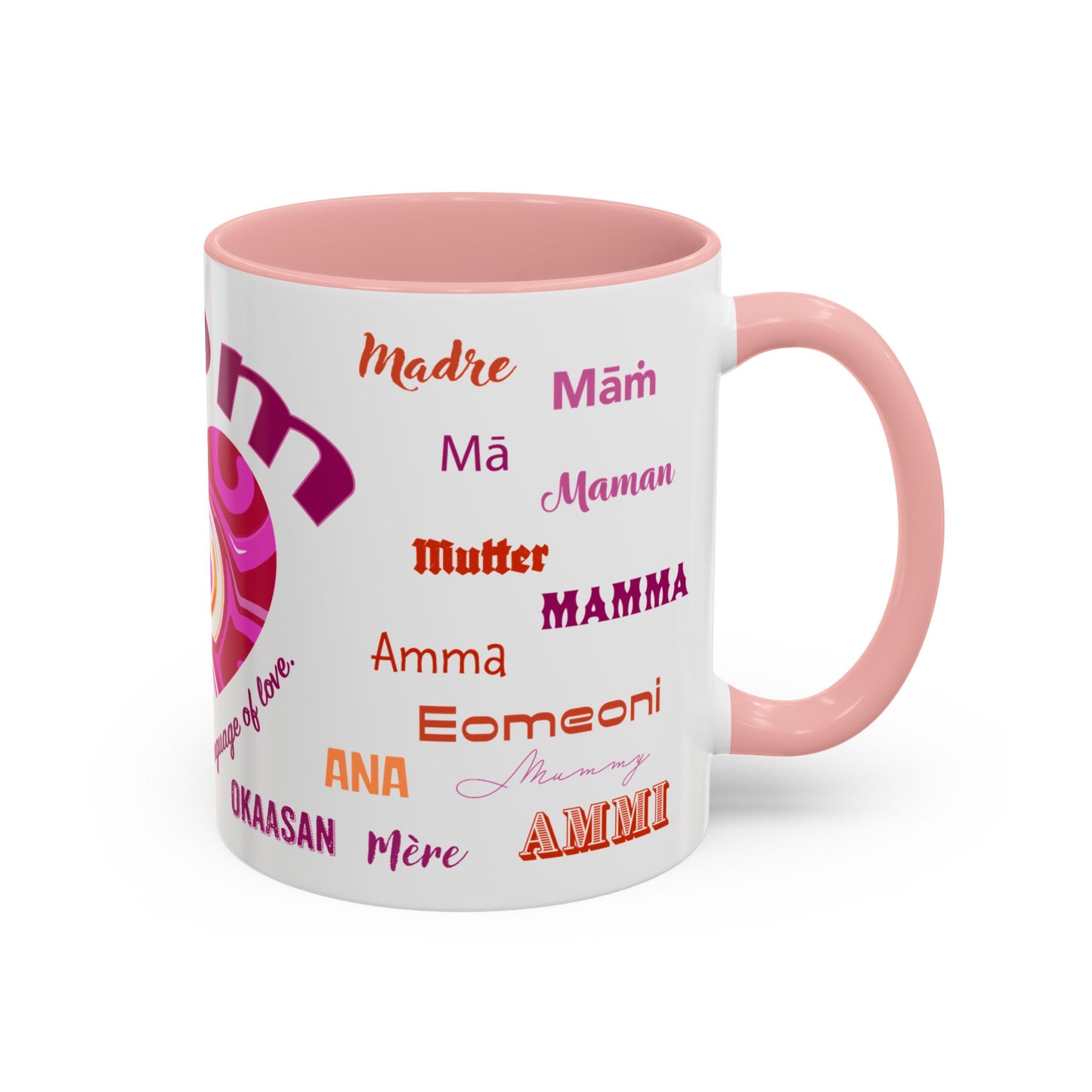 Mom Groovy Heart Mug - “Mom” in Different Languages - Universal Language of Love - Gift for Moms, New Moms, Mother's Day, Birthday, Valentine’s Day - Modern & Stylish Ceramic Mug with Color Inside (11oz, 15oz)