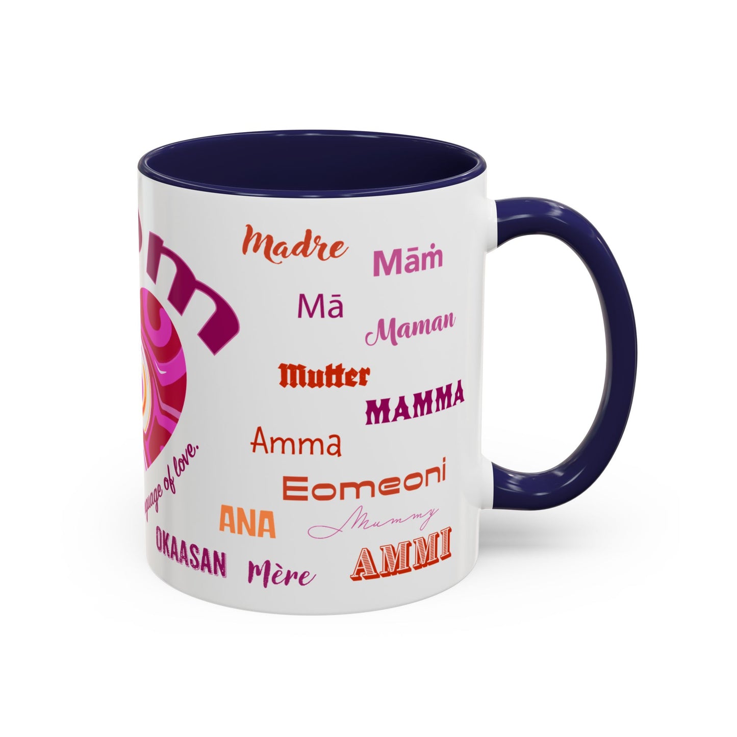 Mom Groovy Heart Mug - “Mom” in Different Languages - Universal Language of Love - Gift for Moms, New Moms, Mother's Day, Birthday, Valentine’s Day - Modern & Stylish Ceramic Mug with Color Inside (11oz, 15oz)
