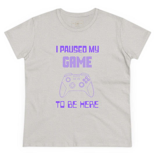Gamer I Paused My Game Women's Mid-weight Cotton Tee - Humor Joke (Purple Controller)