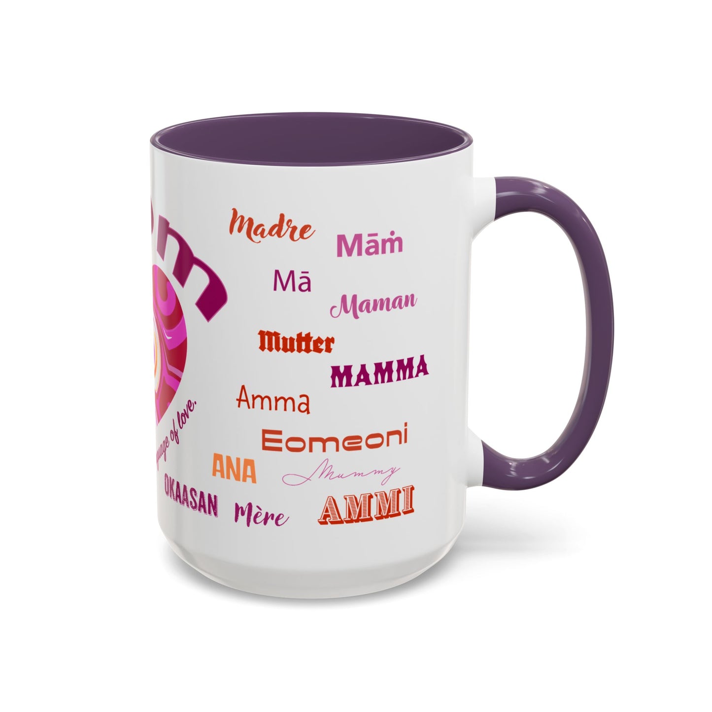 Mom Groovy Heart Mug - “Mom” in Different Languages - Universal Language of Love - Gift for Moms, New Moms, Mother's Day, Birthday, Valentine’s Day - Modern & Stylish Ceramic Mug with Color Inside (11oz, 15oz)