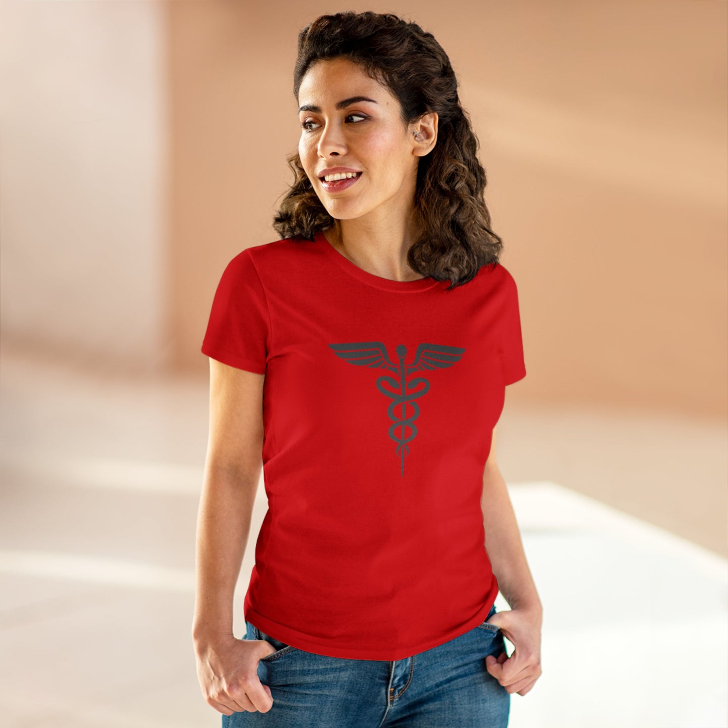Caduceus Gray Symbol Women's Midweight Cotton Tee - Medical