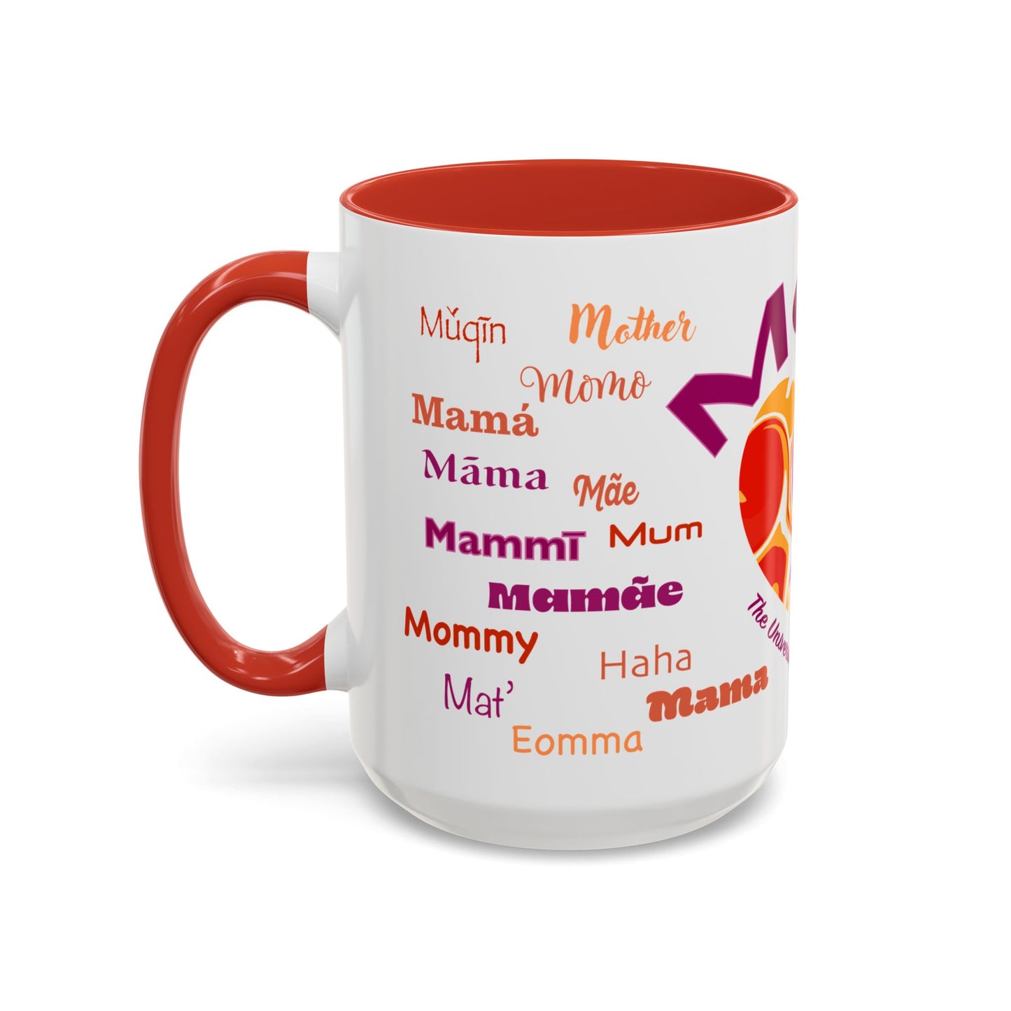 Mom Groovy Heart Mug - “Mom” in Different Languages - Universal Language of Love - Gift for Moms, New Moms, Mother's Day, Birthday, Valentine’s Day - Modern & Stylish Ceramic Mug with Color Inside (11oz, 15oz)