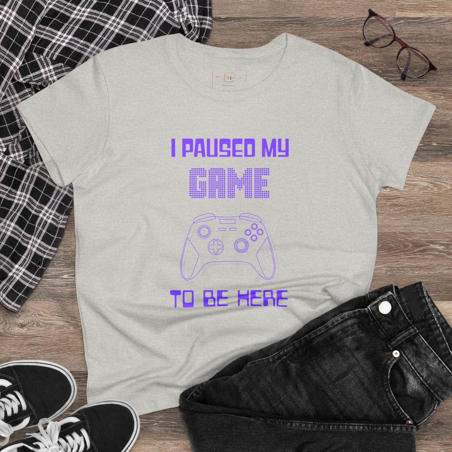 Gamer I Paused My Game Women's Mid-weight Cotton Tee - Humor Joke (Purple Controller)