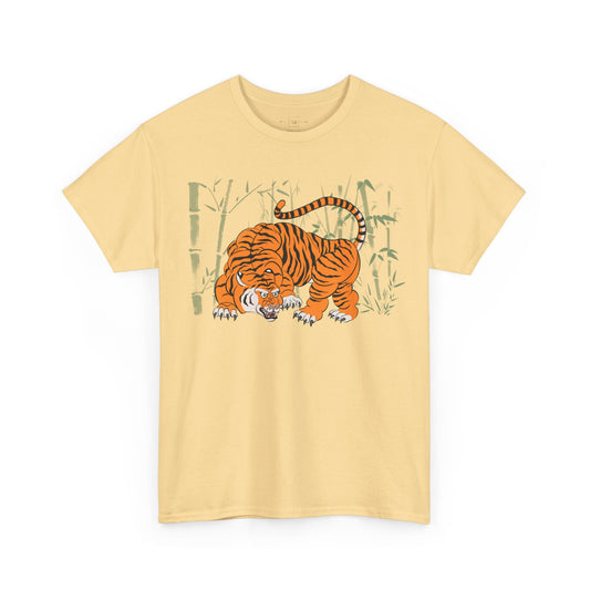 Prowling Tiger In Light Green Bamboo Woods Heavy Cotton Tee