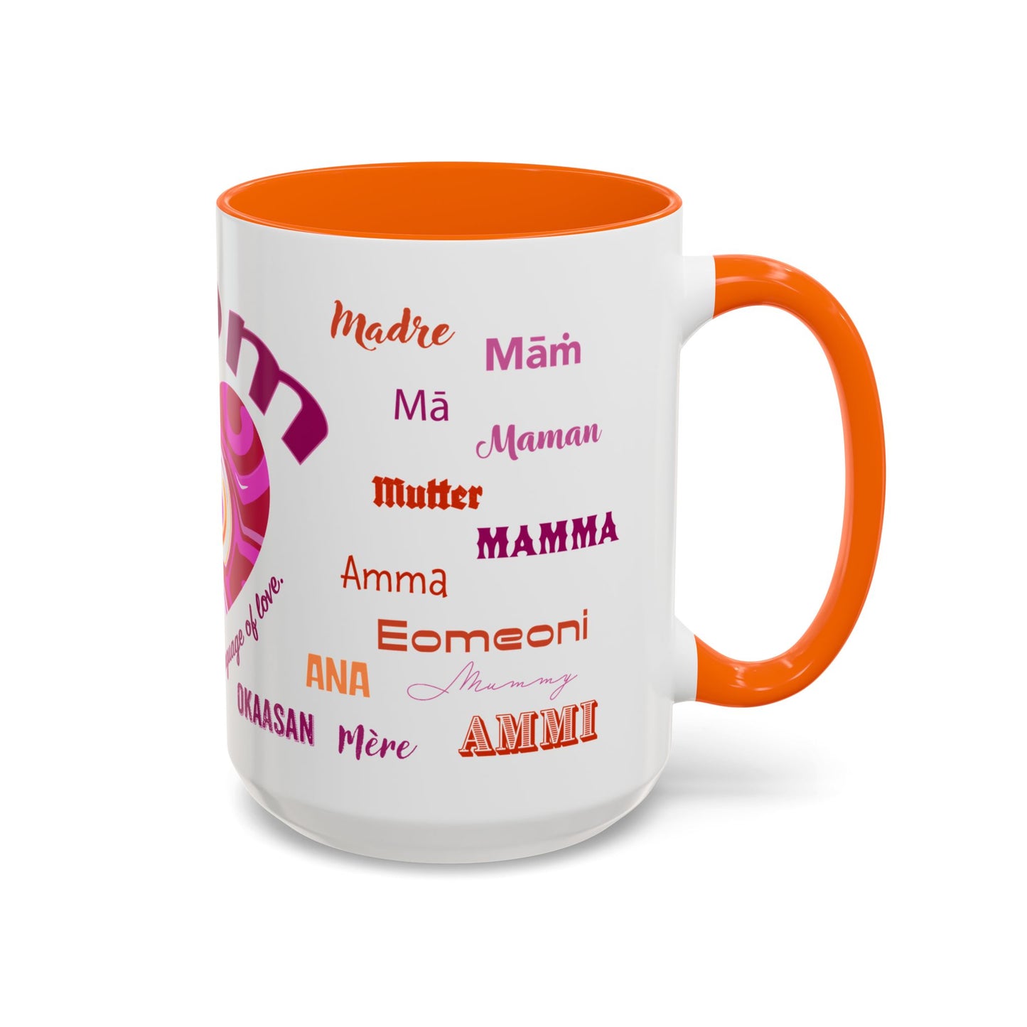 Mom Groovy Heart Mug - “Mom” in Different Languages - Universal Language of Love - Gift for Moms, New Moms, Mother's Day, Birthday, Valentine’s Day - Modern & Stylish Ceramic Mug with Color Inside (11oz, 15oz)
