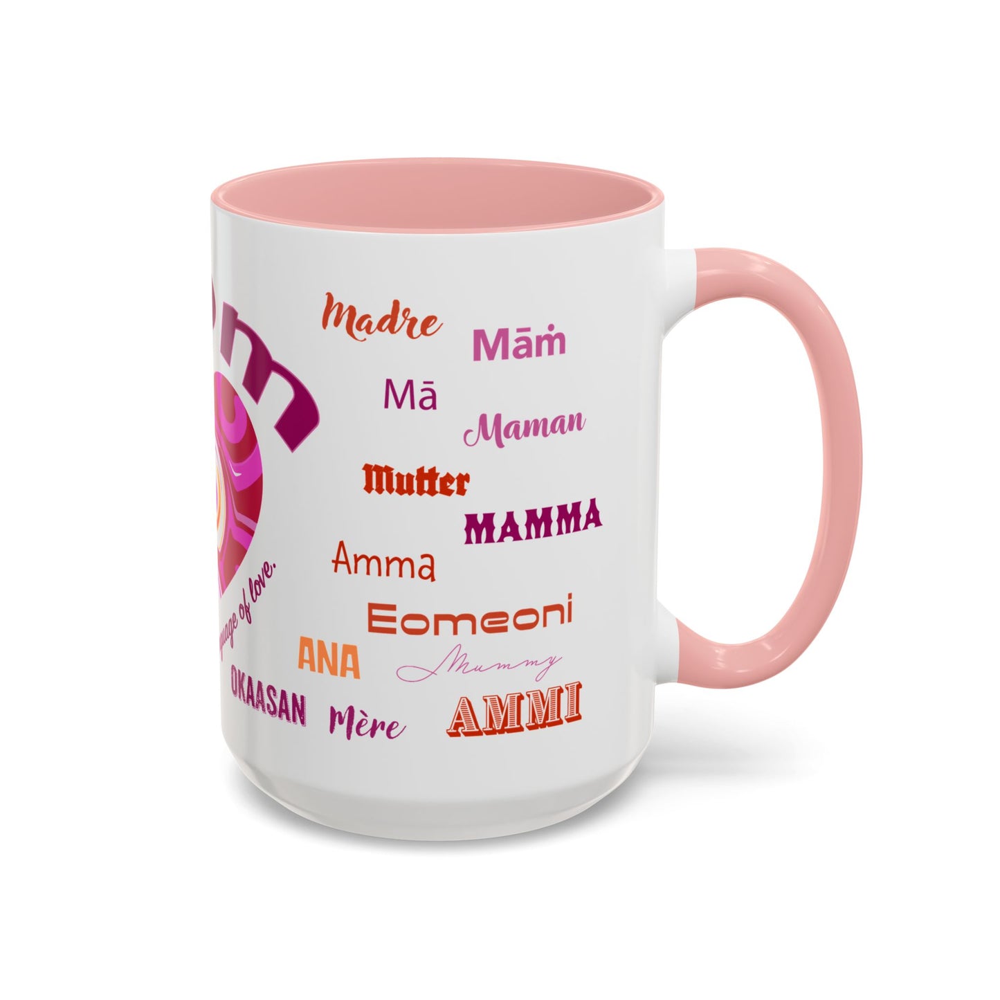 Mom Groovy Heart Mug - “Mom” in Different Languages - Universal Language of Love - Gift for Moms, New Moms, Mother's Day, Birthday, Valentine’s Day - Modern & Stylish Ceramic Mug with Color Inside (11oz, 15oz)