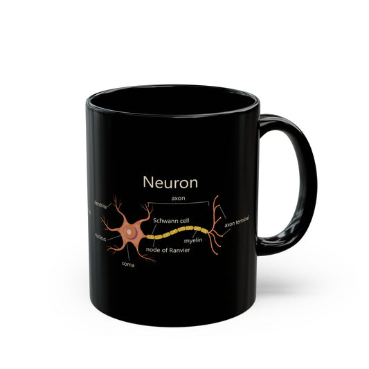 Neuron Anatomy Black Ceramic Mug (11oz, 15oz) - Nerve Cell, Axon & Myelin Orange Graphic - Perfect for Neurologists, Doctors, Nurses, Medical Professionals