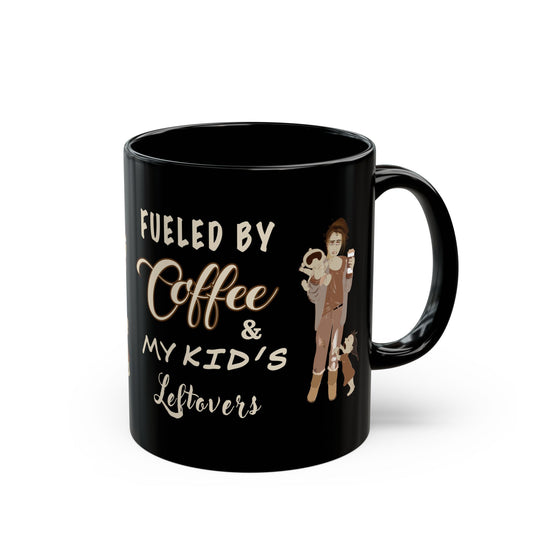 Funny Mom Life Coffee Mug - Fueled by Coffee & Kids Leftovers - Humorous Gift for Mothers, Parents (Black, 11oz & 15oz)